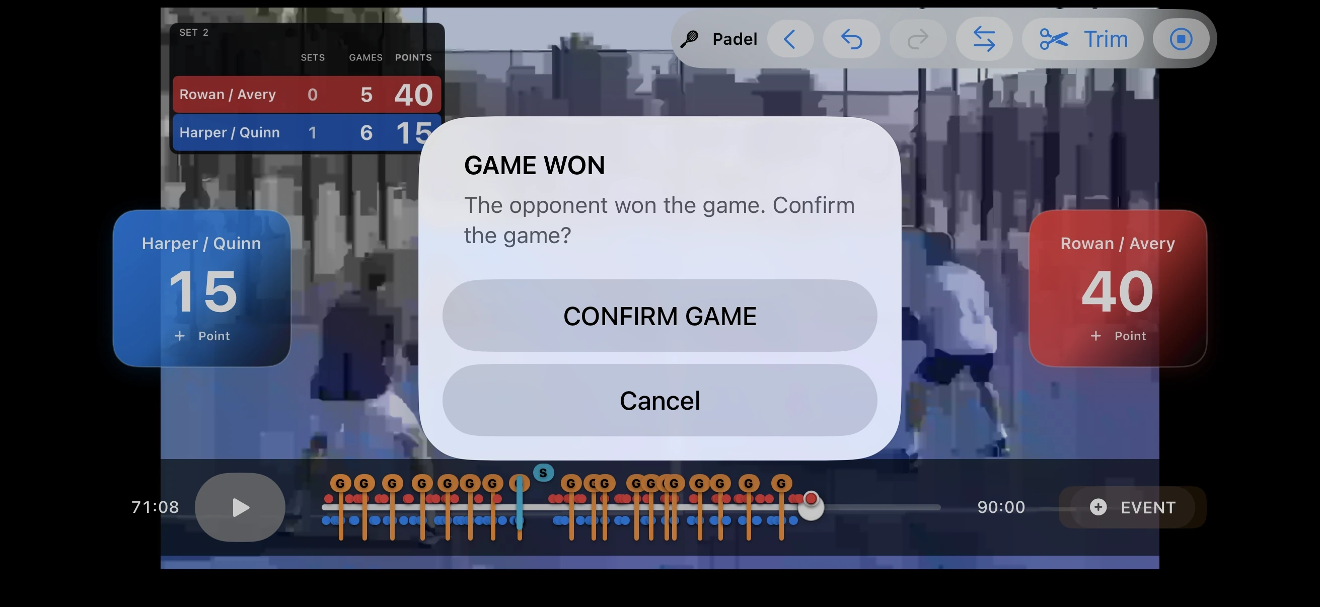 How to mark GAME won in Padel
